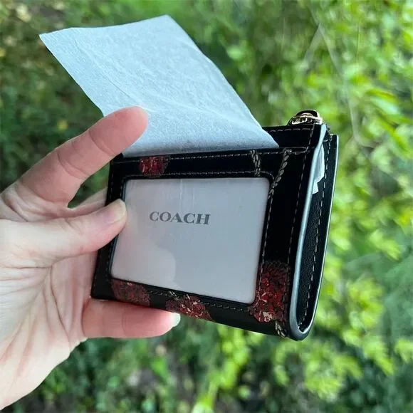 COACH Mini Skinny Id Case Leather Cherry Print Cardholder Keychain Wallet NWT